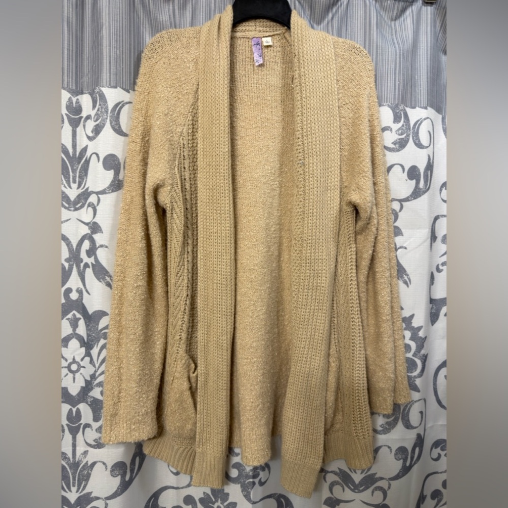 Alya Women's Chunky Knit Open‎ Front Tan Stylish Warm Cardigan Sweater Size L